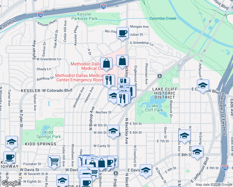 map of restaurants, bars, coffee shops, grocery stores, and more near 1222 North Bishop Avenue in Dallas