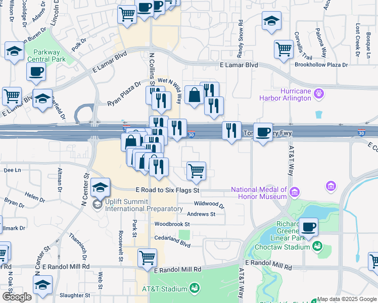 map of restaurants, bars, coffee shops, grocery stores, and more near 1104 East Copeland Road in Arlington