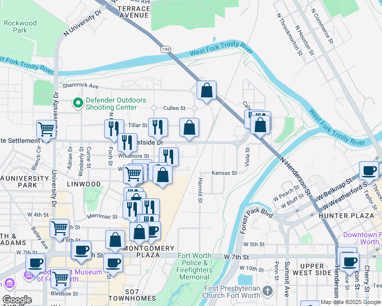map of restaurants, bars, coffee shops, grocery stores, and more near 2419 White Settlement Road in Fort Worth