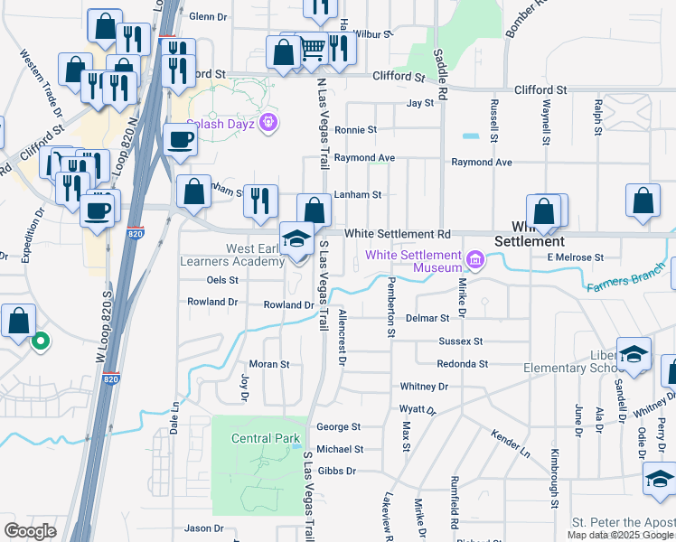 map of restaurants, bars, coffee shops, grocery stores, and more near 131 South Las Vegas Trail in Fort Worth