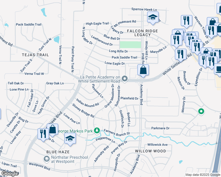 map of restaurants, bars, coffee shops, grocery stores, and more near 112 Grand Meadow Drive in Fort Worth