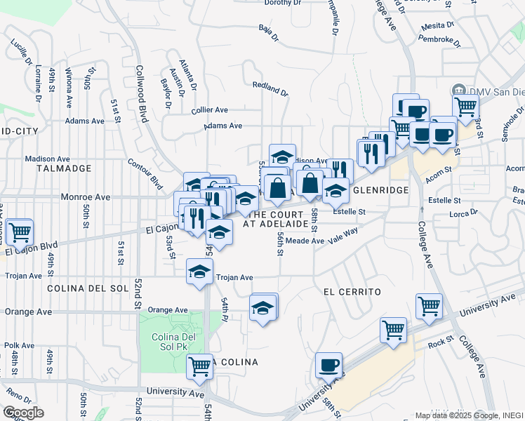 map of restaurants, bars, coffee shops, grocery stores, and more near 4191 55th Street in San Diego