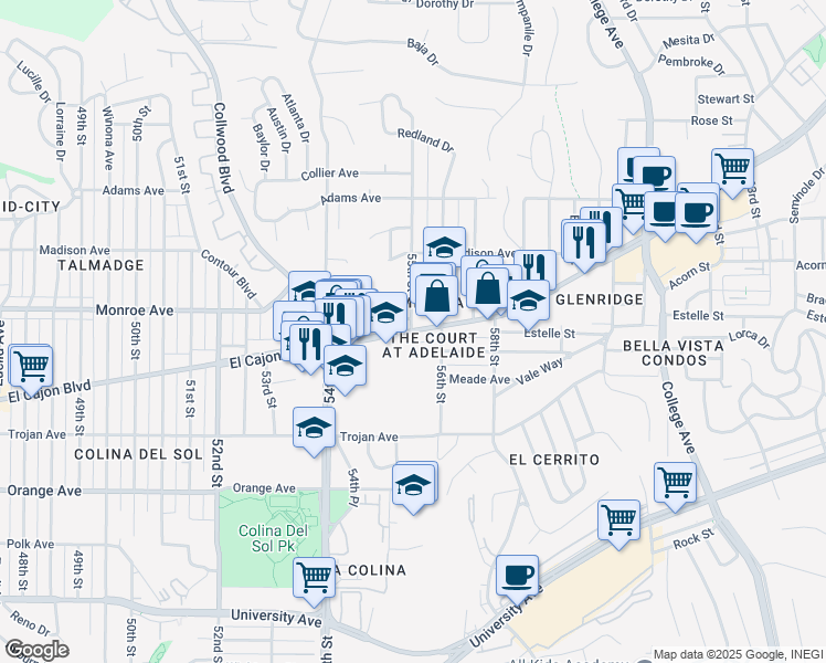 map of restaurants, bars, coffee shops, grocery stores, and more near 4191 55th Street in San Diego