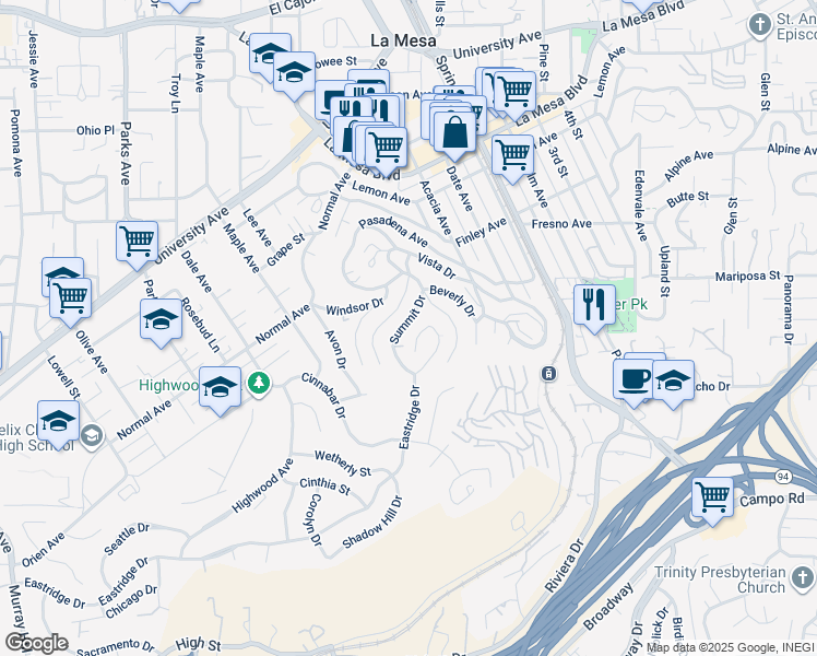 map of restaurants, bars, coffee shops, grocery stores, and more near 4373 Summit Drive in La Mesa