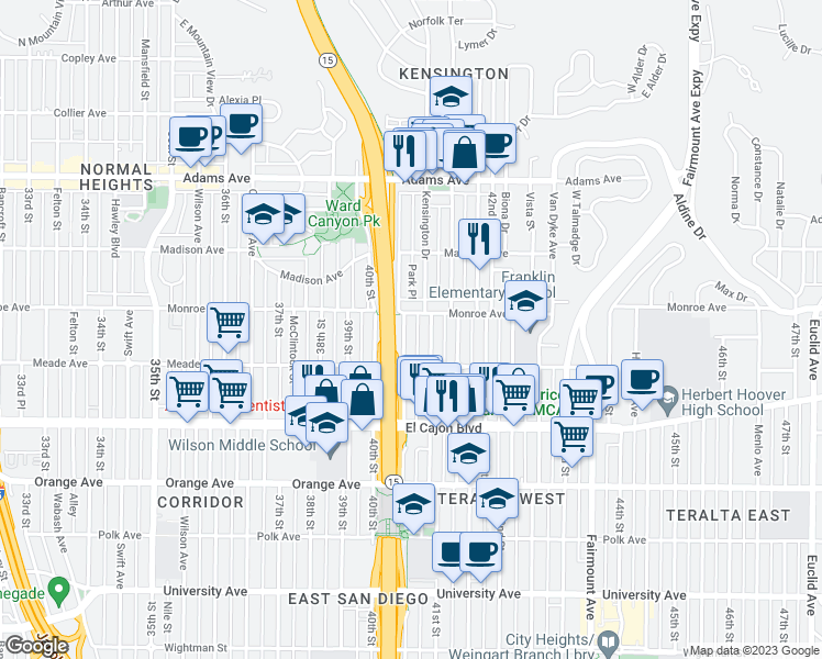 map of restaurants, bars, coffee shops, grocery stores, and more near 4465 Central Avenue in San Diego