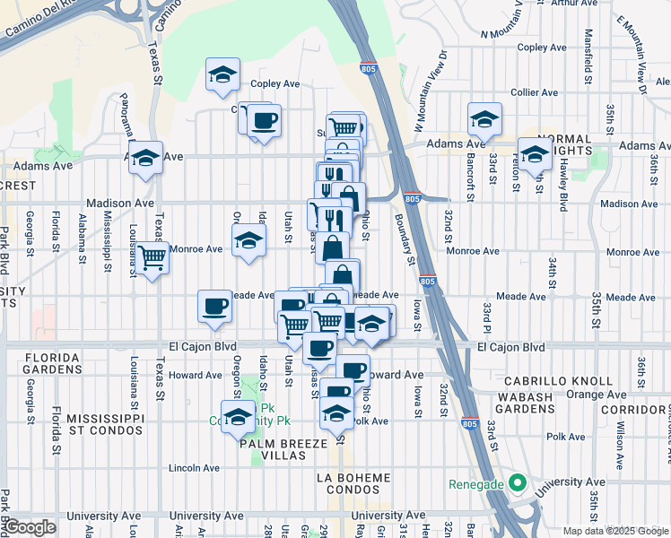 map of restaurants, bars, coffee shops, grocery stores, and more near 4456 30th Street in San Diego