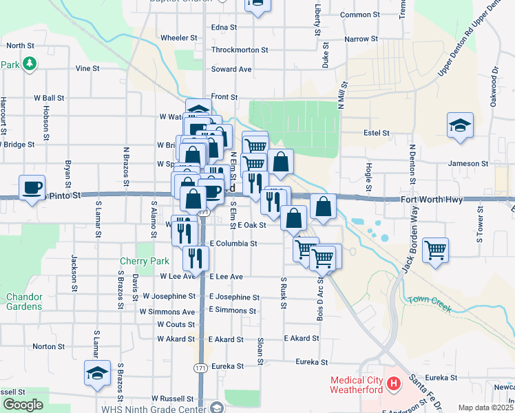 map of restaurants, bars, coffee shops, grocery stores, and more near 220 Fort Worth Highway in Weatherford