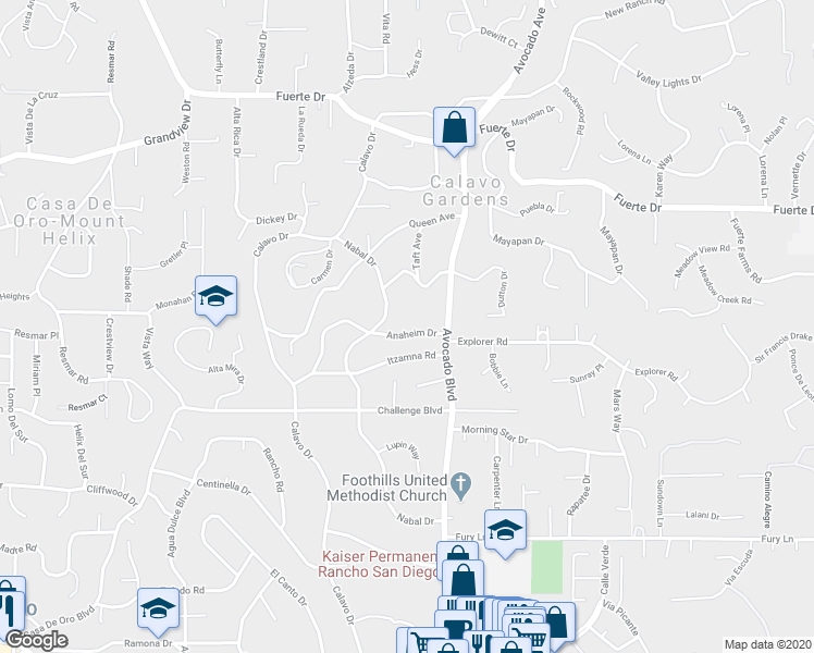 map of restaurants, bars, coffee shops, grocery stores, and more near 10744 Anaheim Drive in La Mesa