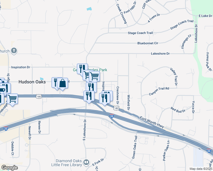 map of restaurants, bars, coffee shops, grocery stores, and more near 150 Inspiration Drive in Hudson Oaks