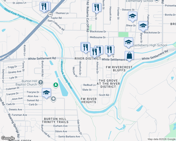 map of restaurants, bars, coffee shops, grocery stores, and more near 205 South Roberts Cut Off Road in Fort Worth