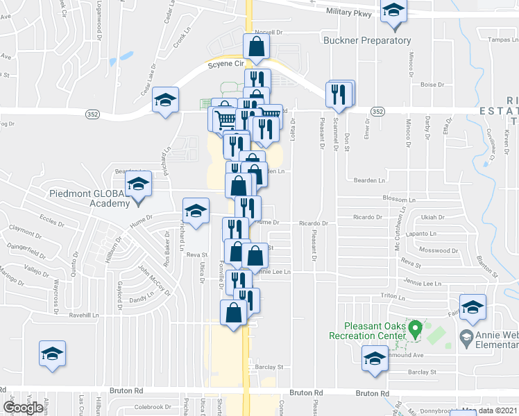 map of restaurants, bars, coffee shops, grocery stores, and more near 2722 South Buckner Boulevard in Dallas