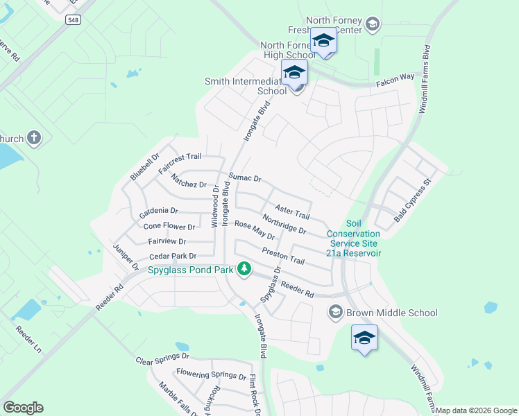 map of restaurants, bars, coffee shops, grocery stores, and more near 2101 Northridge Drive in Forney