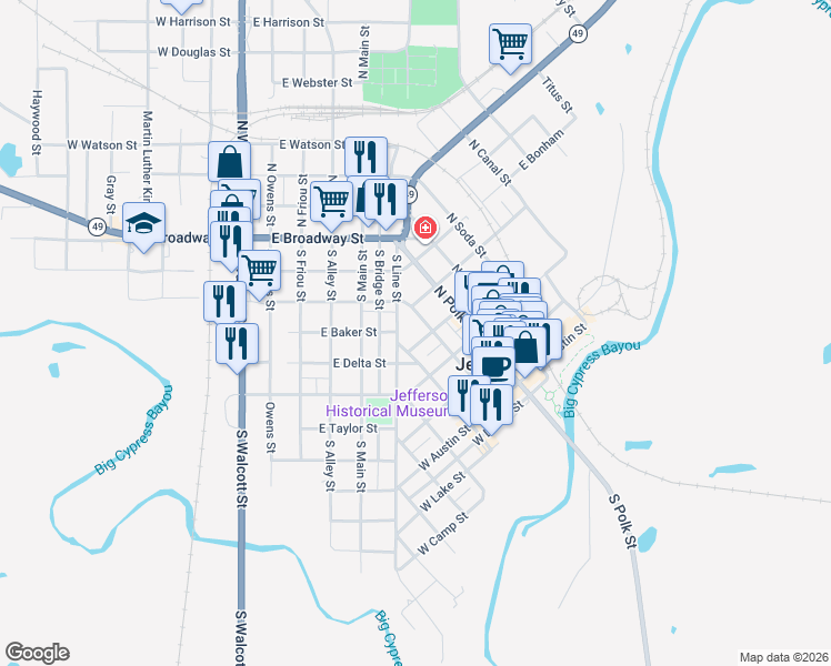 map of restaurants, bars, coffee shops, grocery stores, and more near 404 North Market Street in Jefferson
