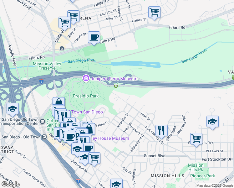 map of restaurants, bars, coffee shops, grocery stores, and more near 2484 Pine Street in San Diego