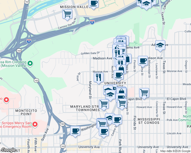 map of restaurants, bars, coffee shops, grocery stores, and more near 4460 Cleveland Avenue in San Diego
