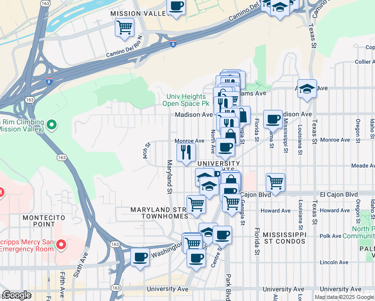 map of restaurants, bars, coffee shops, grocery stores, and more near 4459 Cleveland Avenue in San Diego