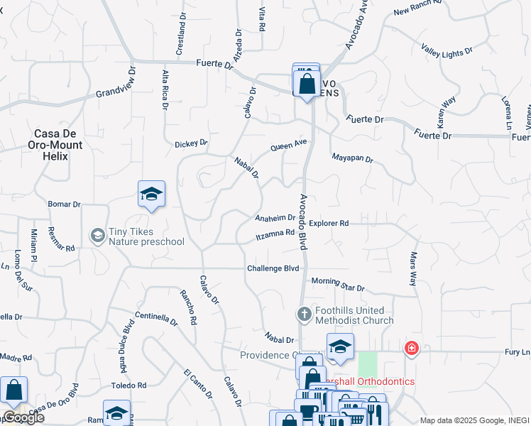 map of restaurants, bars, coffee shops, grocery stores, and more near 10716 Anaheim Drive in La Mesa