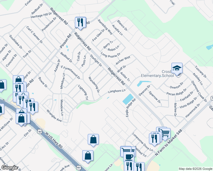 map of restaurants, bars, coffee shops, grocery stores, and more near 515 Wolf Drive in Forney