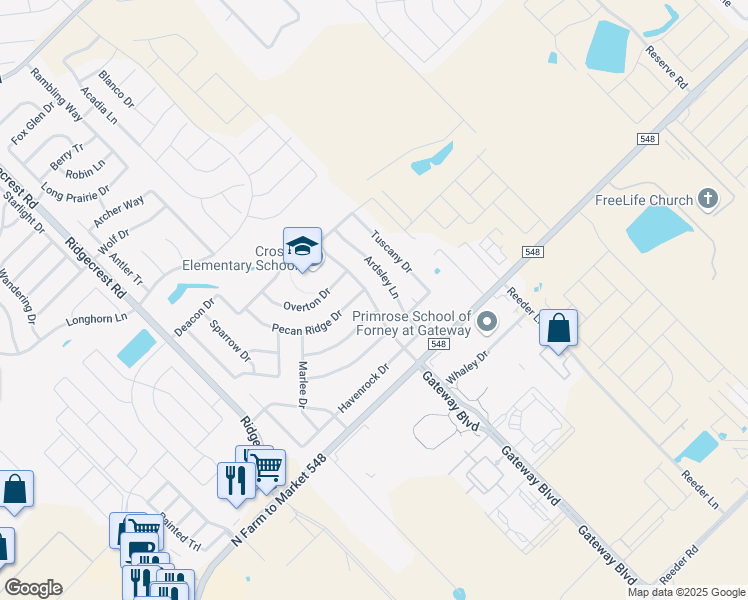 map of restaurants, bars, coffee shops, grocery stores, and more near 495 Diamond Creek Drive in Forney