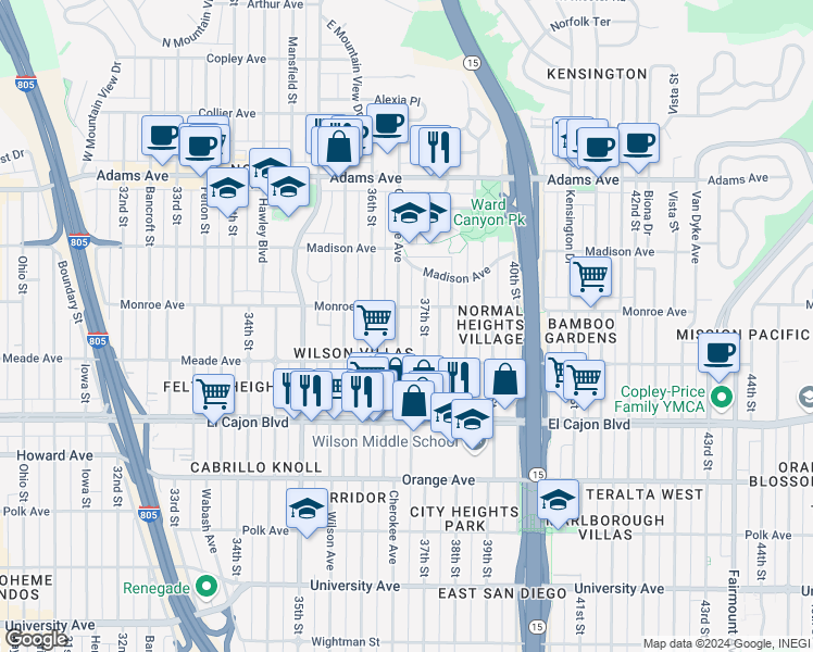 map of restaurants, bars, coffee shops, grocery stores, and more near 4465 Cherokee Avenue in San Diego