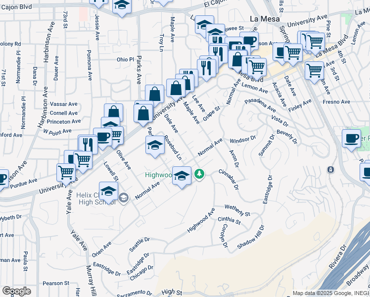 map of restaurants, bars, coffee shops, grocery stores, and more near 4380 Dale Avenue in La Mesa