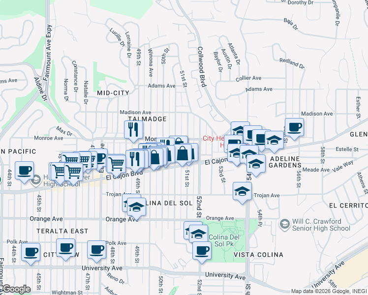 map of restaurants, bars, coffee shops, grocery stores, and more near 4466 51st Street in San Diego