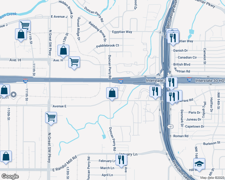 map of restaurants, bars, coffee shops, grocery stores, and more near 16 Duncan Perry Road in Grand Prairie