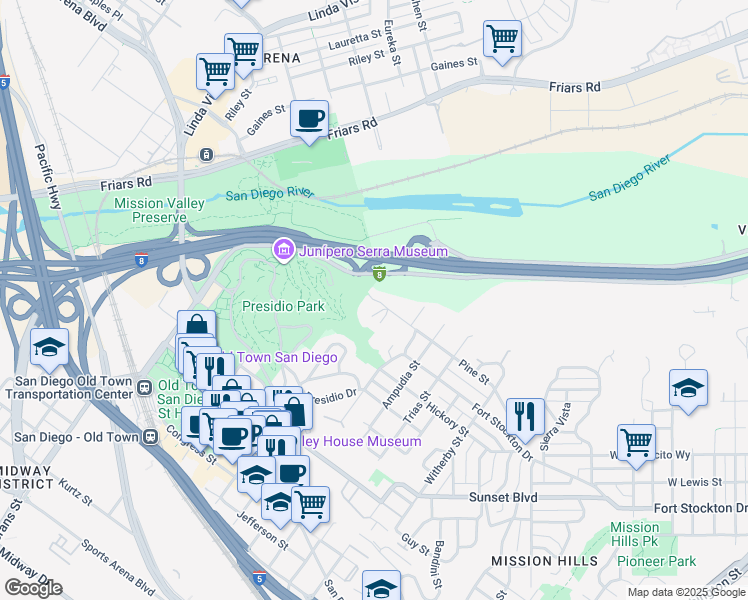 map of restaurants, bars, coffee shops, grocery stores, and more near 2490 Pine Street in San Diego