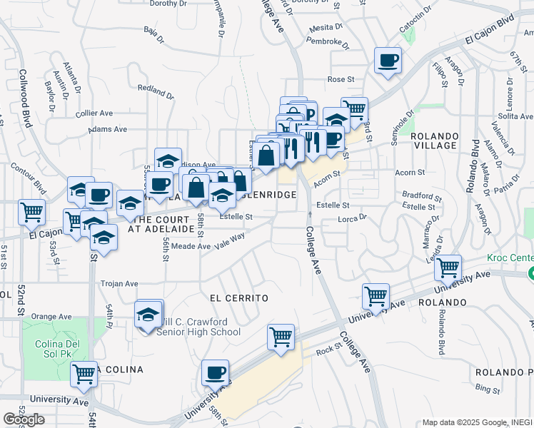map of restaurants, bars, coffee shops, grocery stores, and more near 5954 Estelle Street in San Diego