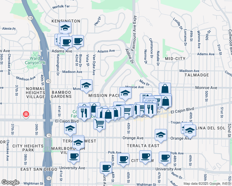 map of restaurants, bars, coffee shops, grocery stores, and more near 4466 Highland Avenue in San Diego