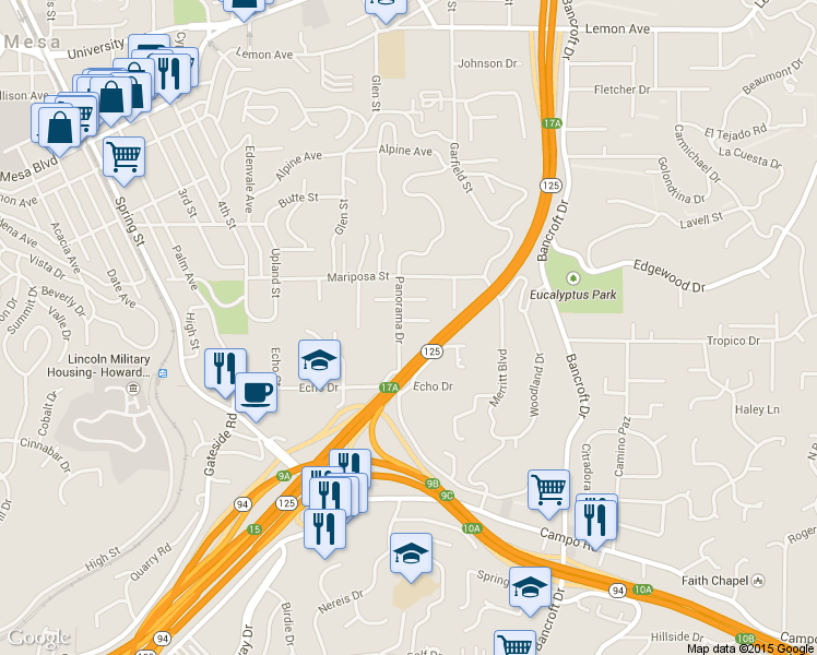 map of restaurants, bars, coffee shops, grocery stores, and more near 8815 Joris Way in La Mesa