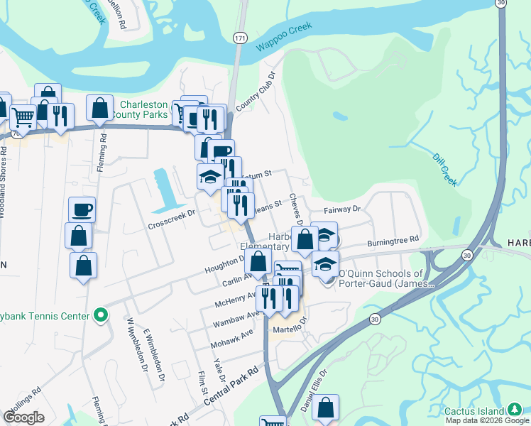 map of restaurants, bars, coffee shops, grocery stores, and more near 403 Martello Drive in Charleston