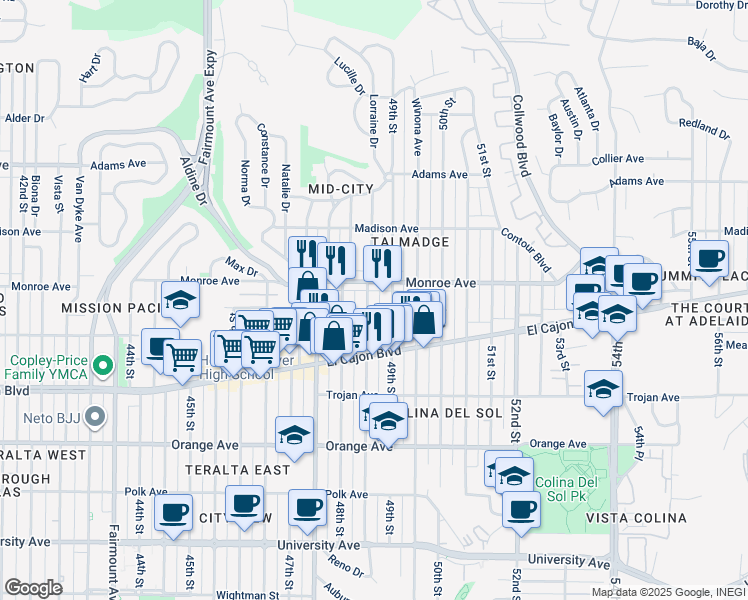 map of restaurants, bars, coffee shops, grocery stores, and more near 4488 Estrella Avenue in San Diego