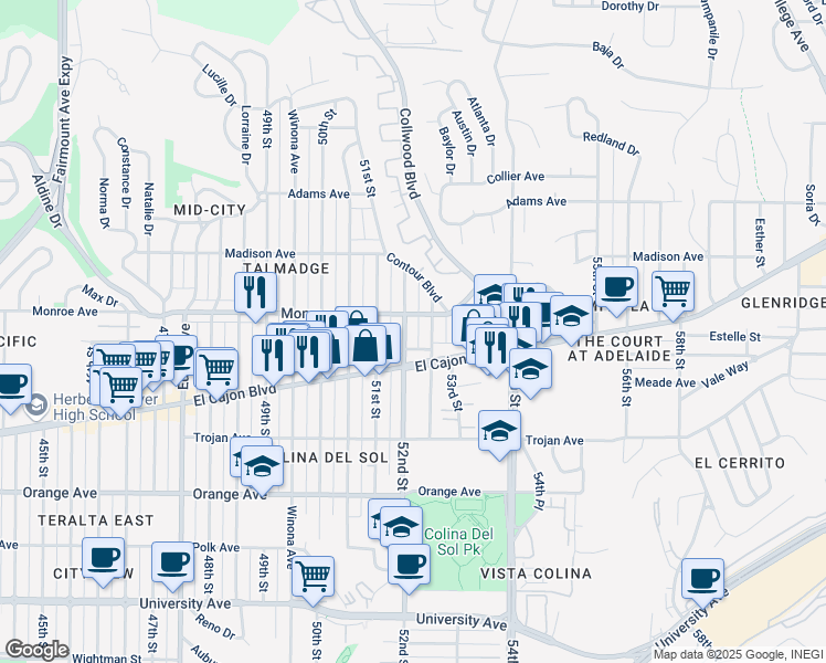 map of restaurants, bars, coffee shops, grocery stores, and more near 4462 52nd Street in San Diego
