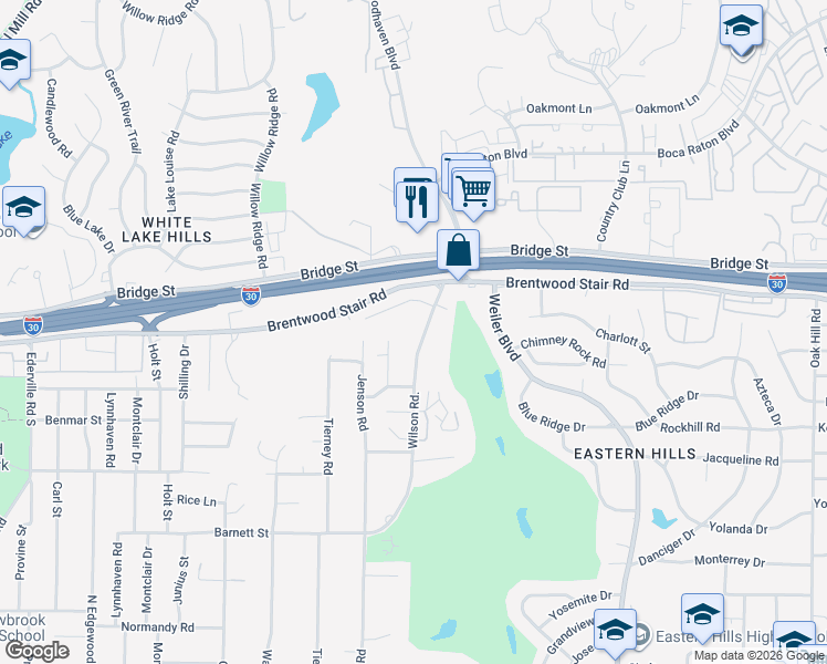 map of restaurants, bars, coffee shops, grocery stores, and more near 1505 Dalewood Court in Fort Worth