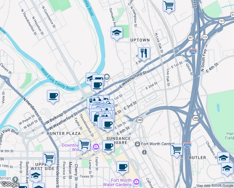 map of restaurants, bars, coffee shops, grocery stores, and more near 500 East Weatherford Street in Fort Worth