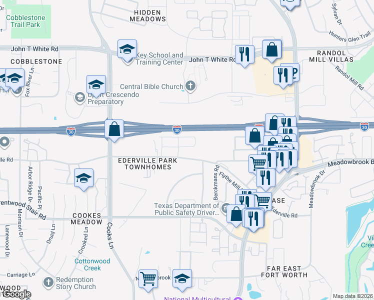 map of restaurants, bars, coffee shops, grocery stores, and more near 8157 Ederville Road in Fort Worth