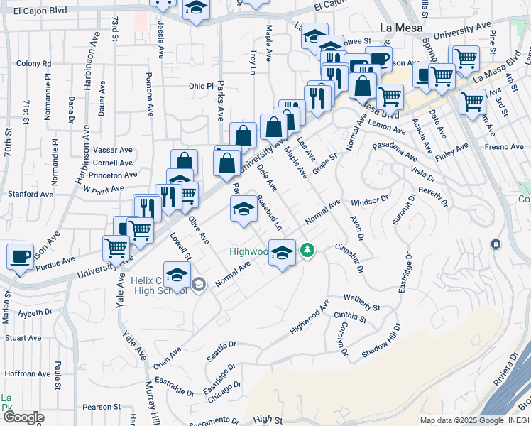 map of restaurants, bars, coffee shops, grocery stores, and more near 4406 Rosebud Lane in La Mesa