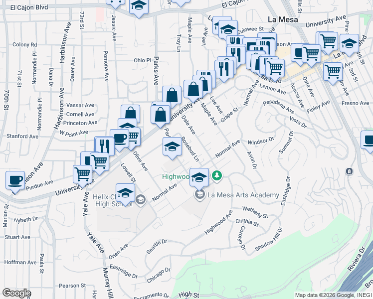 map of restaurants, bars, coffee shops, grocery stores, and more near 4406 Rosebud Lane in La Mesa