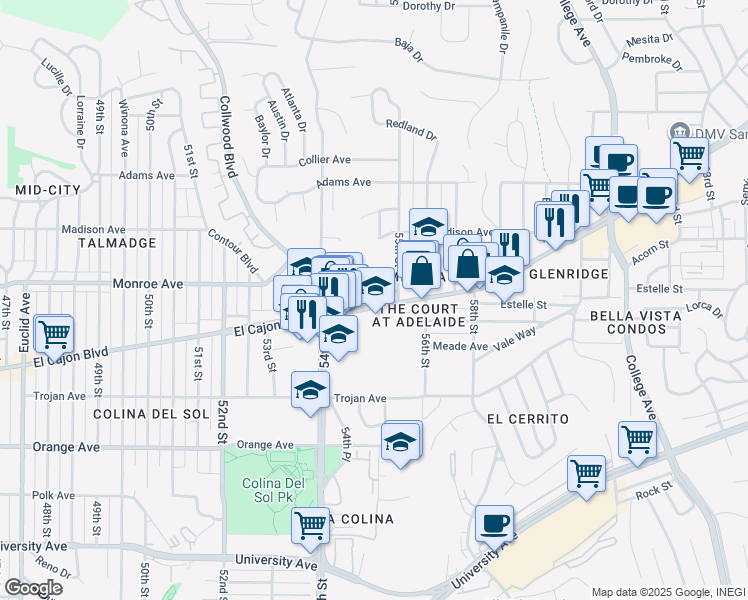 map of restaurants, bars, coffee shops, grocery stores, and more near 5480 El Cajon Boulevard in San Diego