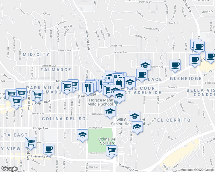 map of restaurants, bars, coffee shops, grocery stores, and more near 5275 Monroe Avenue in San Diego