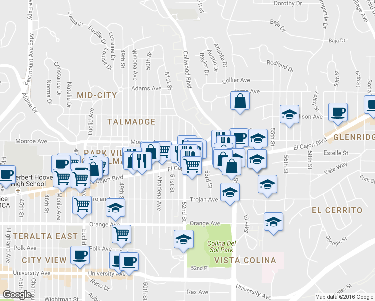 map of restaurants, bars, coffee shops, grocery stores, and more near 4462 52nd Street in San Diego