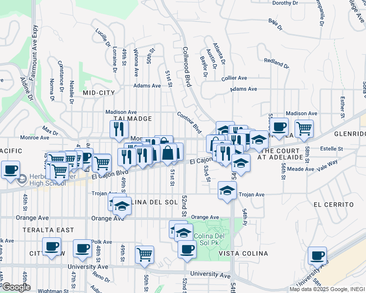 map of restaurants, bars, coffee shops, grocery stores, and more near 4462 52nd Street in San Diego