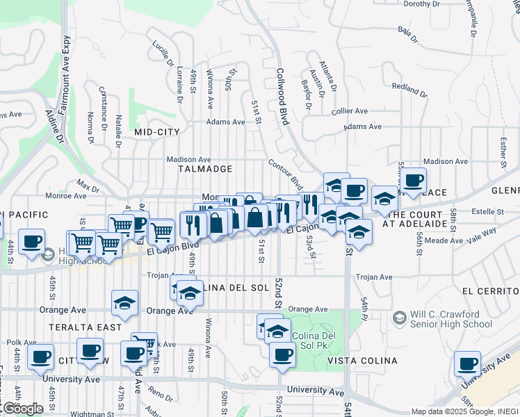 map of restaurants, bars, coffee shops, grocery stores, and more near 4469 Altadena Avenue in San Diego
