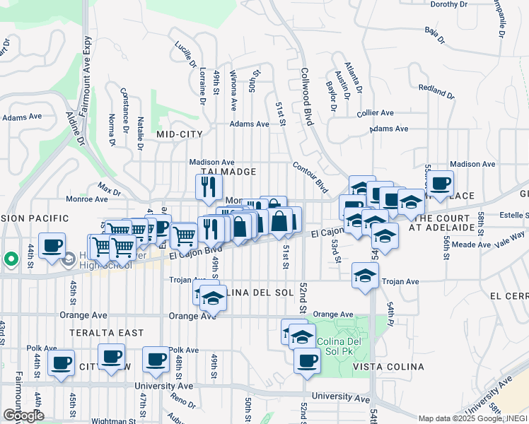 map of restaurants, bars, coffee shops, grocery stores, and more near 4469 Altadena Avenue in San Diego