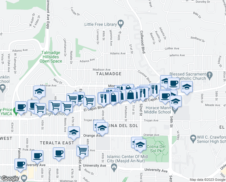 map of restaurants, bars, coffee shops, grocery stores, and more near 4470 50th Street in San Diego