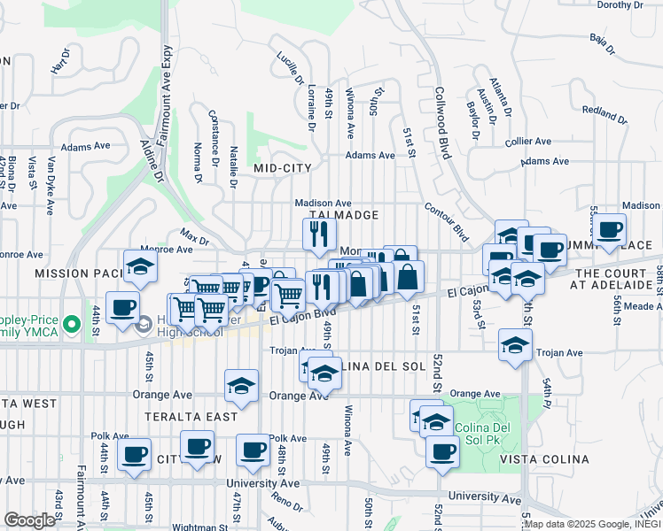 map of restaurants, bars, coffee shops, grocery stores, and more near 4493 49th Street in San Diego