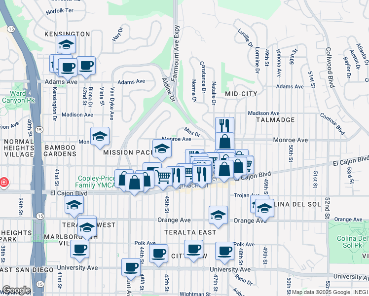 map of restaurants, bars, coffee shops, grocery stores, and more near 4538 Norwood Street in San Diego