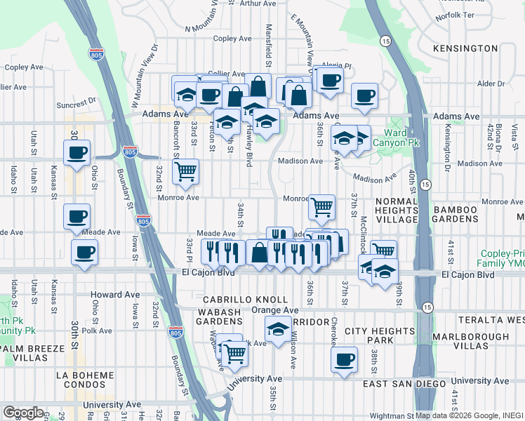 map of restaurants, bars, coffee shops, grocery stores, and more near 4473 Swift Avenue in San Diego