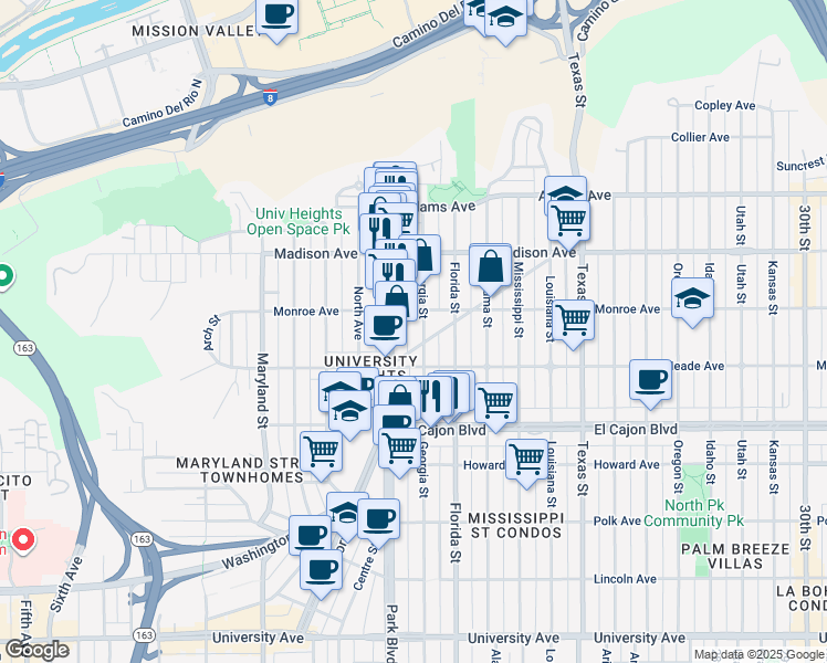 map of restaurants, bars, coffee shops, grocery stores, and more near 4474 Georgia Street in San Diego